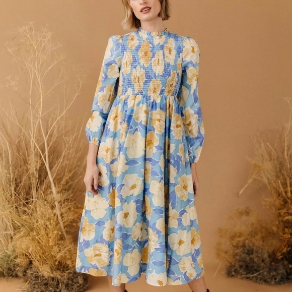 JessaKae Fallen Willow Floral Smocked Midi Cottagecore Peasent Long Sleeve Dress - Picture 2 of 12